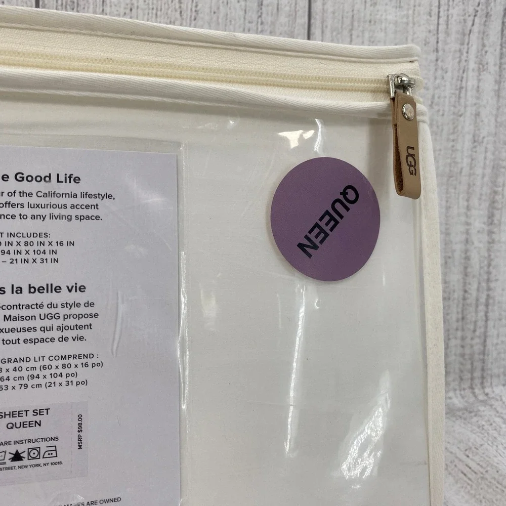 UGG Iona Sheet Set Queen Bright White 100% Cotton 300 Thread Count Minimalist